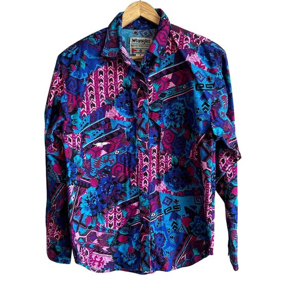 Wrangler Vintage 90s Southwest Aztec Floral Button Down Shirt M - Picture 1 of 10